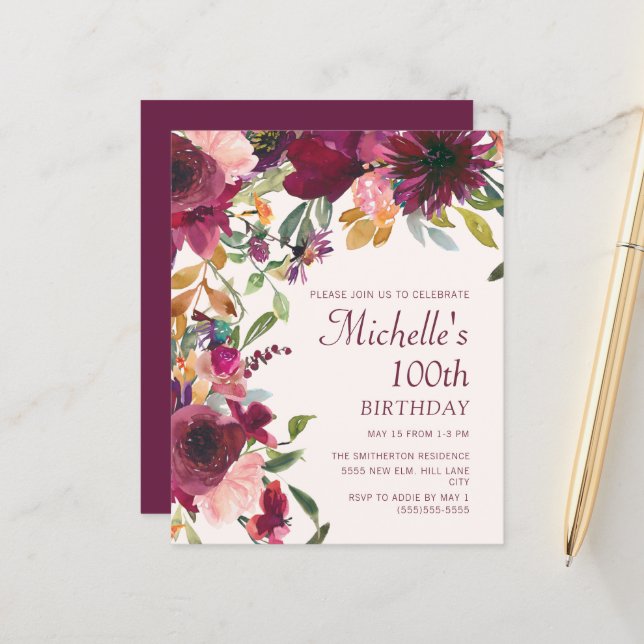 Papier Purple Bourgogne Floral 100e Anniversaire BUDGET (Devant/Arrière en situation)