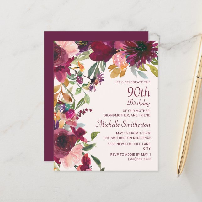 Papier Purple Bourgogne Floral 90e anniversaire Grand-mèr (Devant/Arrière en situation)