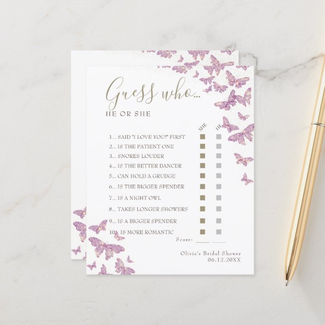 Papier Purple Butterfly Boho Fête des mariées Devinez Qui (Devant/Arrière en situation)