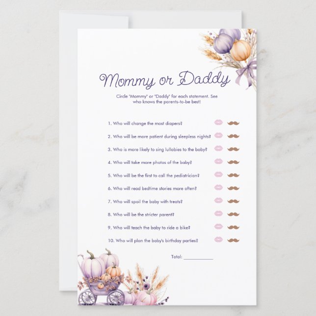 Papier Purple Citrouille maman ou papa Baby shower Jeu (Devant)