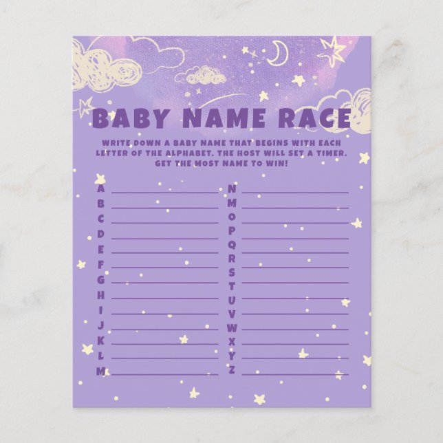 Papier Purple Dream Baby Name Race Baby shower Jeu (Devant)