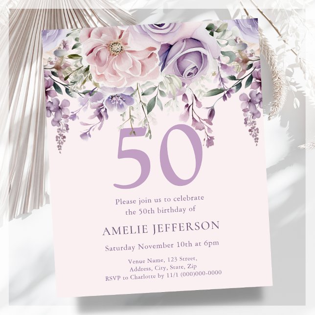 Papier Purple Floral 50e Budget Invitation Anniversaire (Créateur téléchargé)