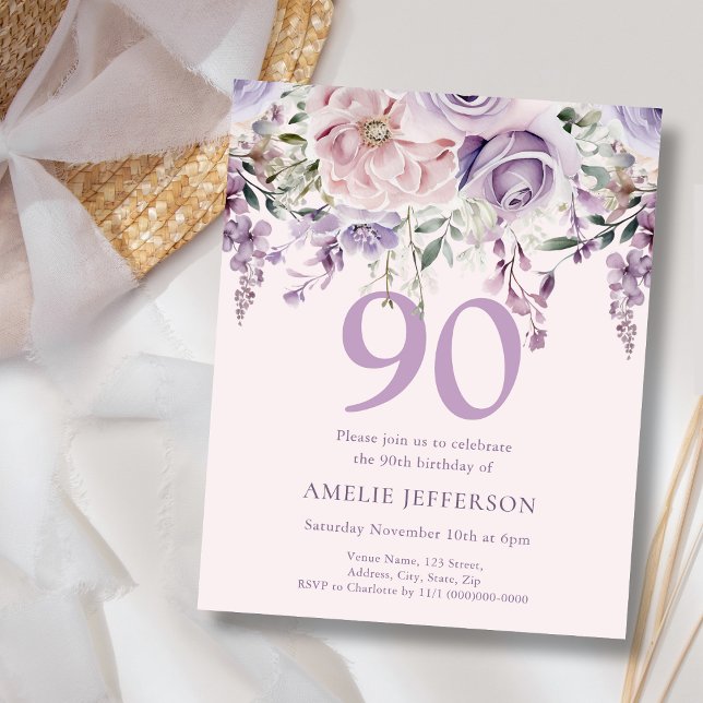 Papier Purple Floral 90e Budget Invitation Anniversaire (Créateur téléchargé)
