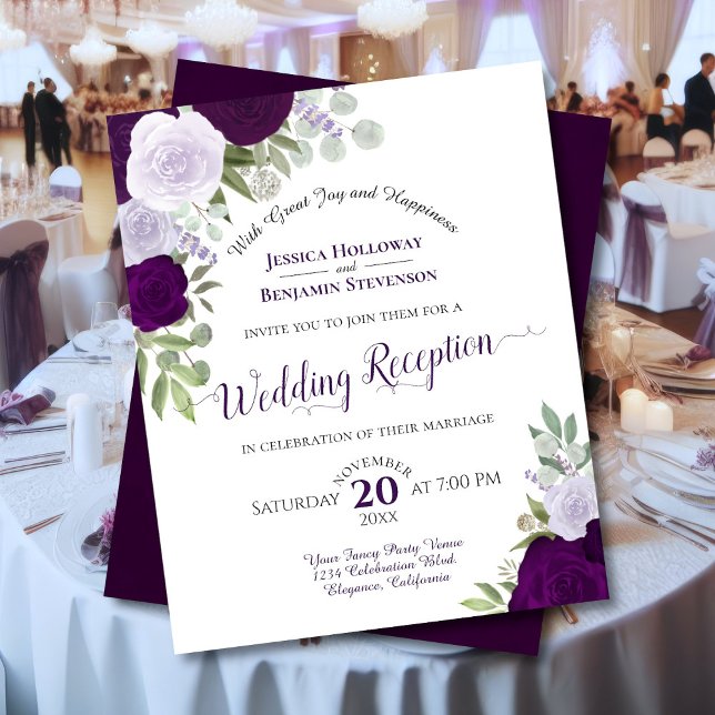 Papier Purple Floral Budget Mariage Réception Invitation (Front/Back)
