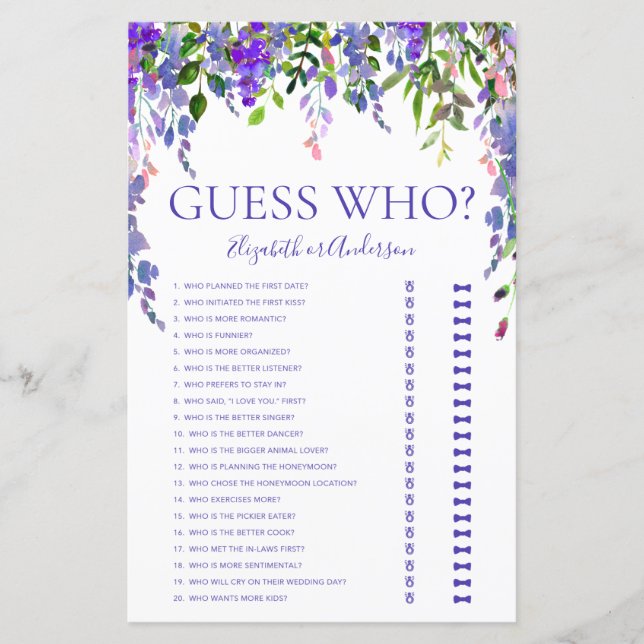 Papier Purple Floral Devinez Qui Fête des mariées Jeu (Devant)