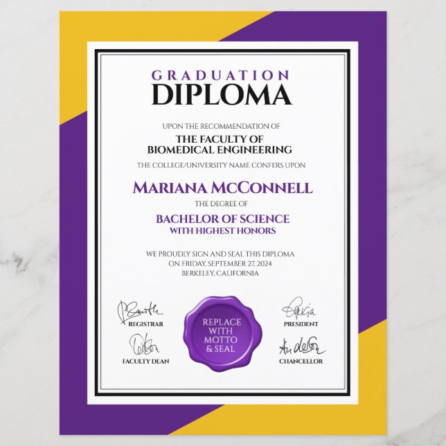 Papier Purple Gold School College Diplôme universitaire (Devant)