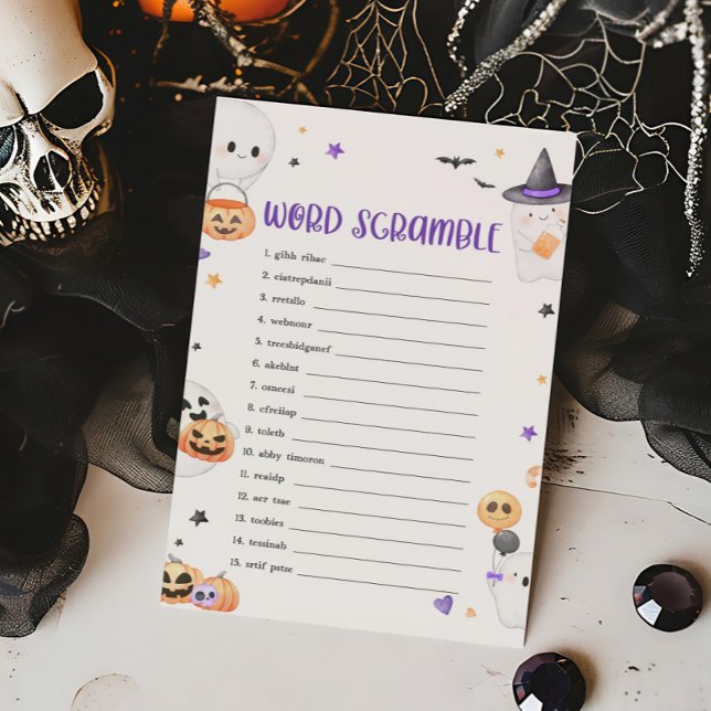 Papier Purple Halloween Petit Boite Mot Scramble Jeu (Baby is Brewing Baby Shower Word Scramble Game)