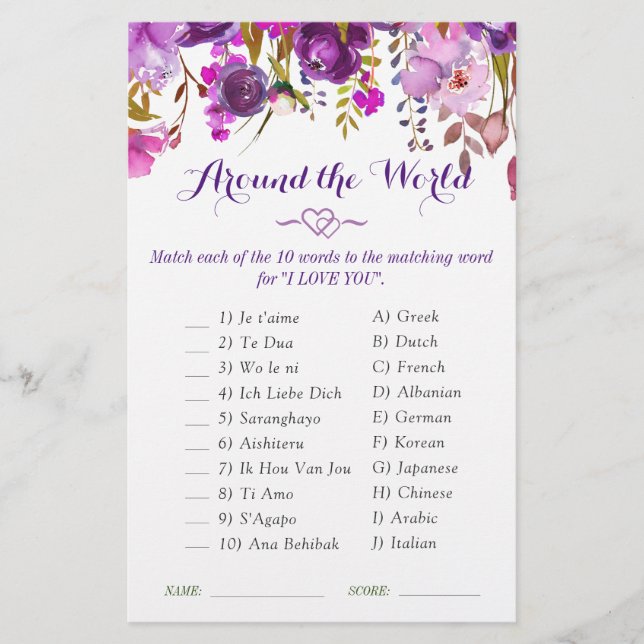 Papier Purple Peony Floral Aquarelle Fête des mariées Jeu (Devant)
