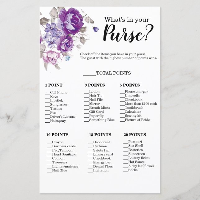 Papier Purplr Floral What's In Your Purse Douche Jeu (Devant)