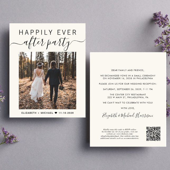 Papier QR Code Photo Cream Mariage Réception Invitation (An chic Happily Ever After Party all-in-one invitation for your wedding celebration)