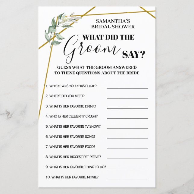 Papier Qu'a dit Groom dans le jeu de douche nuptiale bili (Devant)
