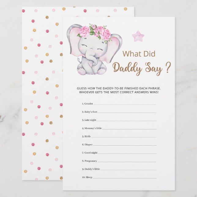 Papier Que Daddy A Dit Girl Elephant Baby shower (Devant / Derrière)