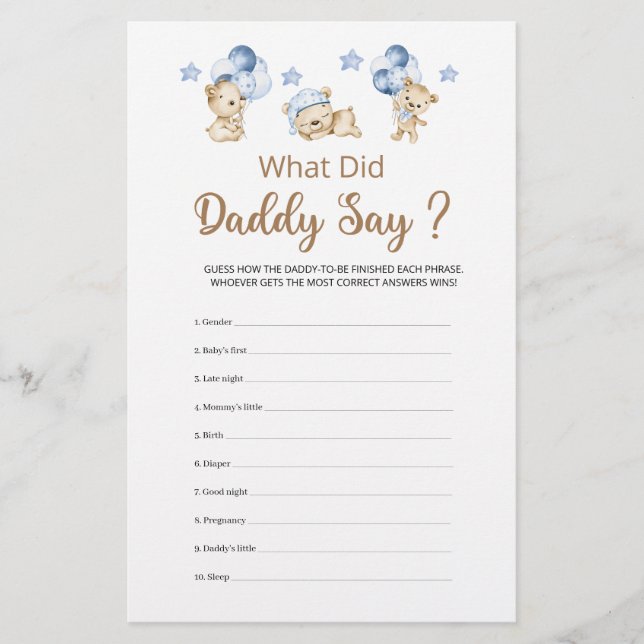 Papier Que Daddy A Dit Teddy Bear Baby shower (Devant)
