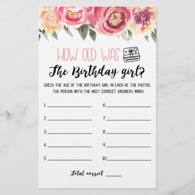 Papier Quel âge avait Birthday girl Jeu de fête d'anniver (Devant)