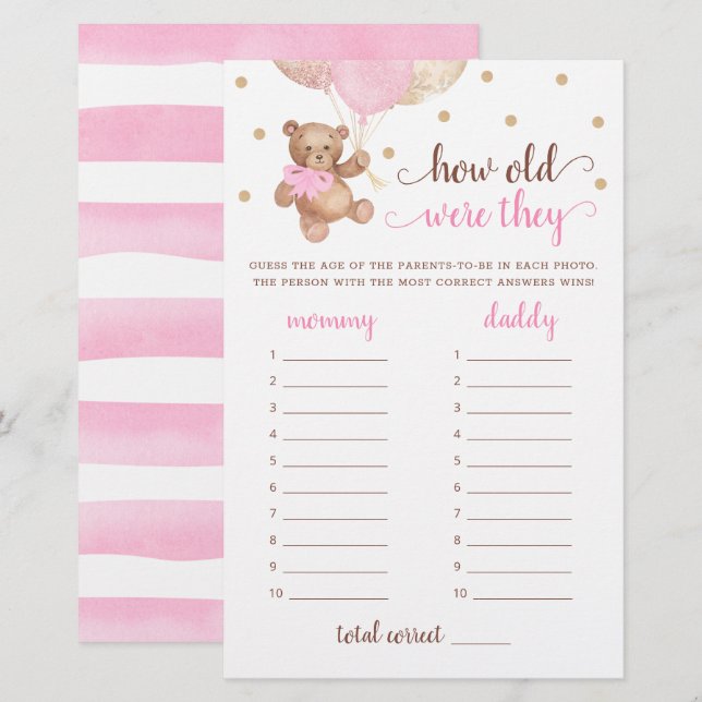 Papier Quel Âge Ont-Ils Joué Baby shower Teddy Bear (Devant / Derrière)