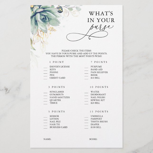 Papier Qu'est-ce que dans votre sac à main succulent jeu  (Devant)