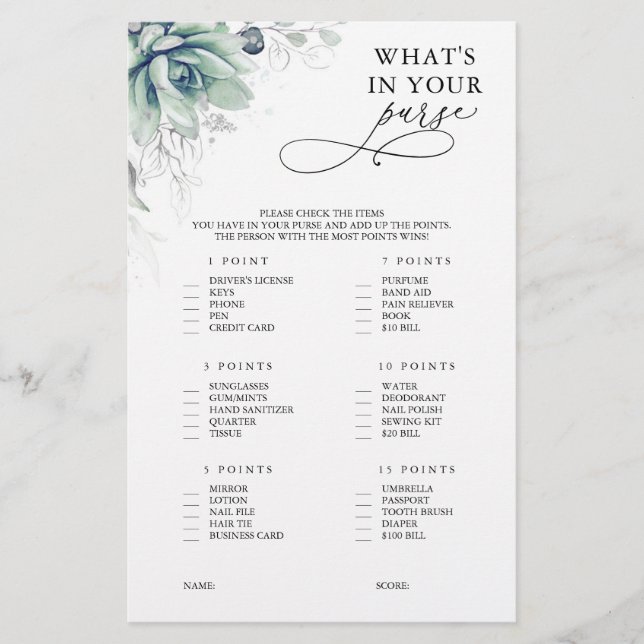 Papier Qu'est-ce que dans votre sac à main succulent jeu  (Devant)