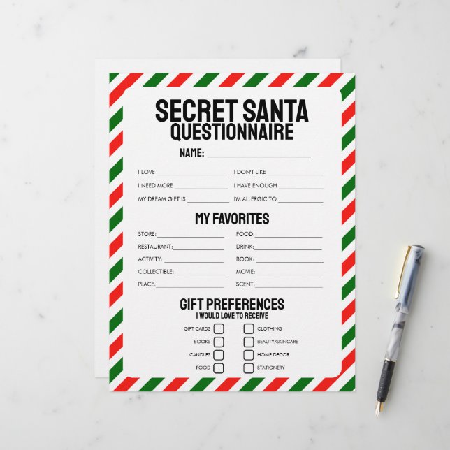 Papier Questionnaire cadeau Secret Père Noël (Devant/Arrière en situation)