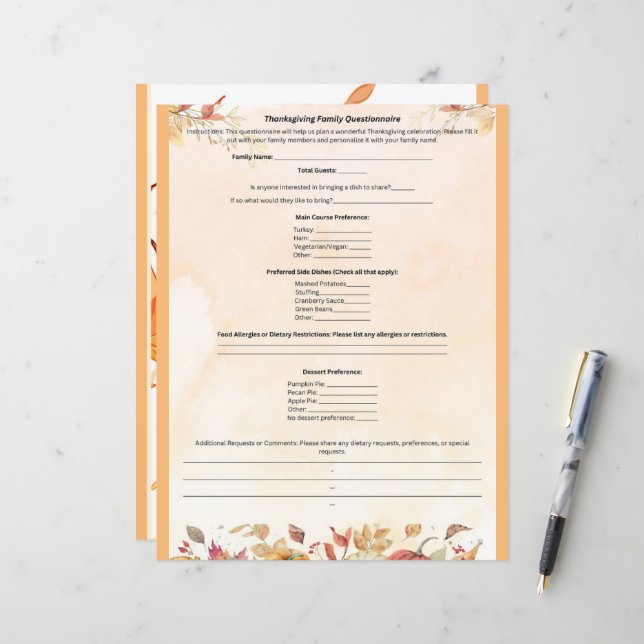 Papier Questionnaire sur la famille de Thanksgiving (Devant/Arrière en situation)