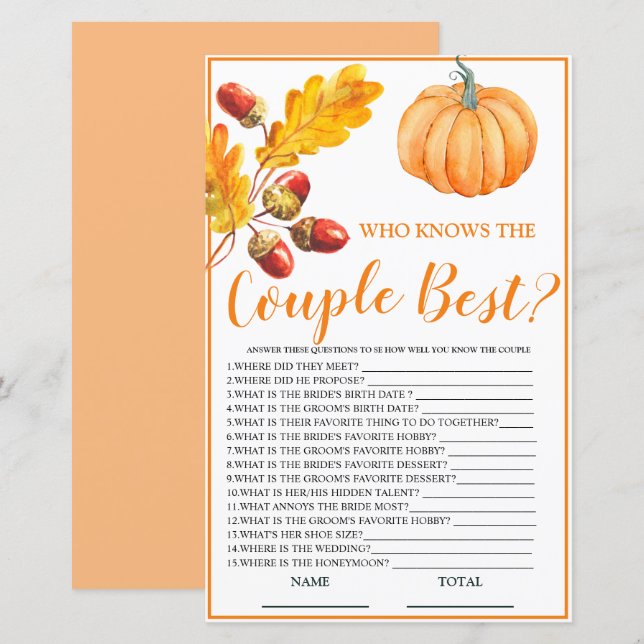 Papier Qui connaît Couple Meilleur Citrouille d'automne j (Devant / Derrière)