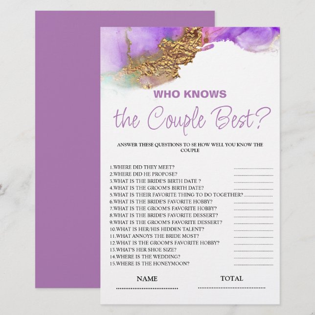 Papier Qui connaît Couple meilleur jeu de mariée violet (Devant / Derrière)
