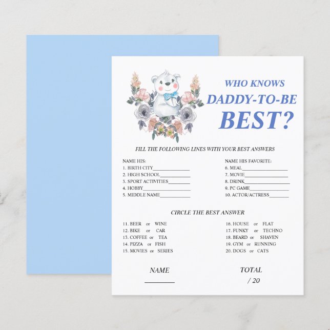 Papier Qui connaît Daddy meilleur Baby shower bleu jeu (Devant / Derrière)