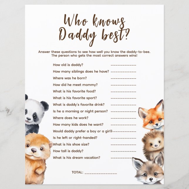 Papier Qui connaît Daddy Woodland Animaux Baby shower Jeu (Devant)