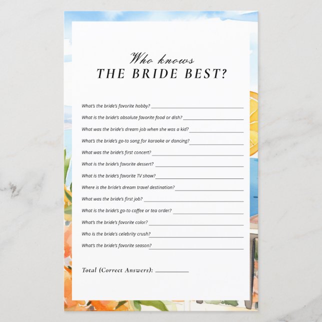 Papier Qui connaît la mariée meilleure Fête des mariées A (Devant)