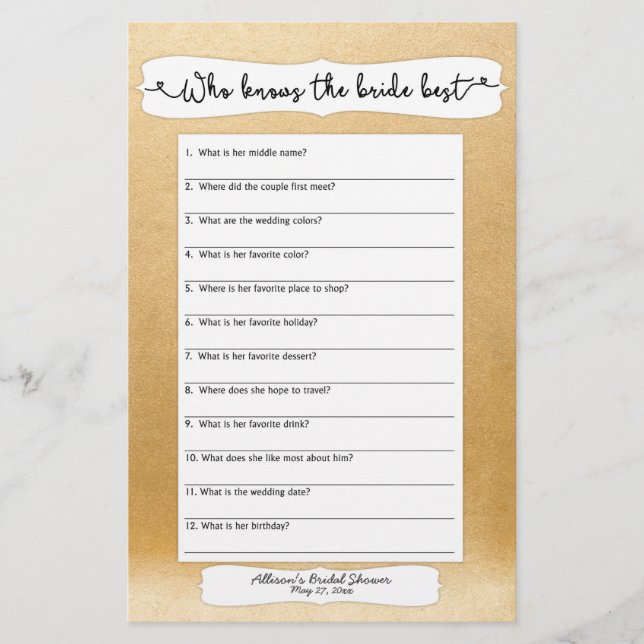 Papier Qui connaît le mieux la mariée, dit-il, elle a dit (Devant)