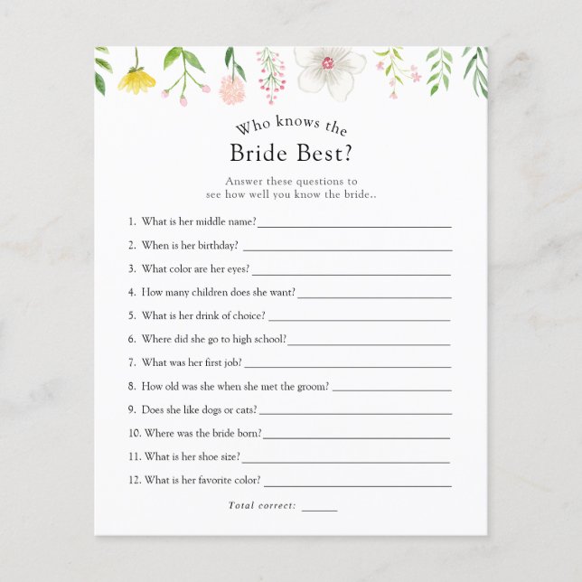 Papier Qui connaît le mieux la mariée Jeu de mariage (Devant)