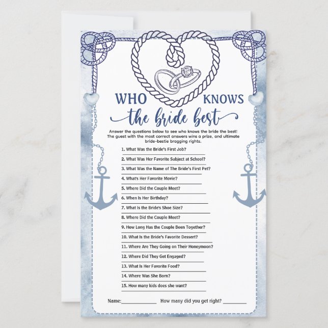 Papier Qui connaît le mieux la mariée jeu de mariage naut (Devant)