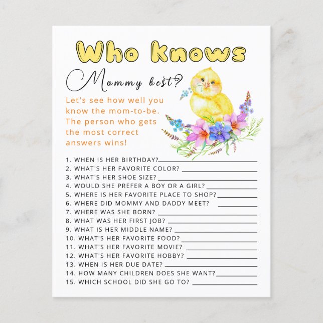 Papier Qui connaît le mieux maman jeu de baby shower. (Devant)