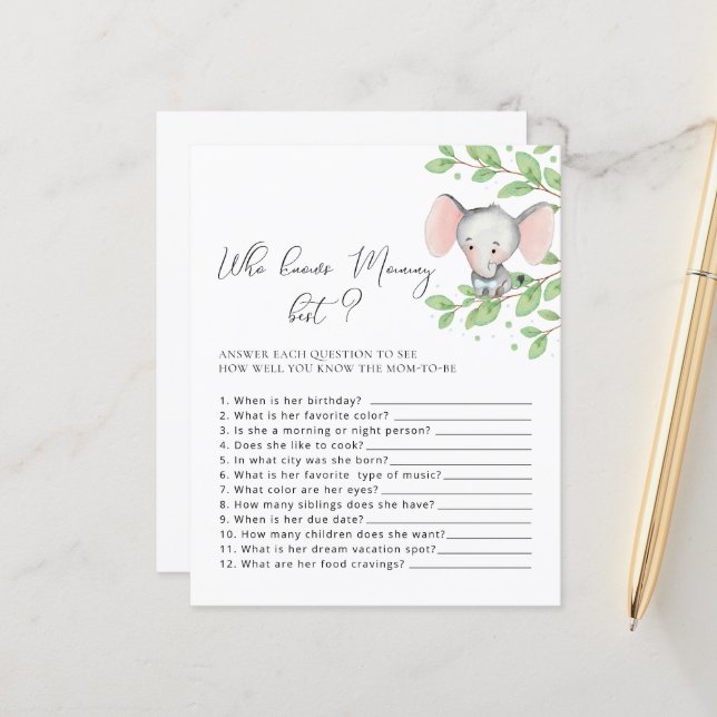 Papier Qui connaît maman meilleur Baby shower éléphant je (Devant/Arrière en situation)