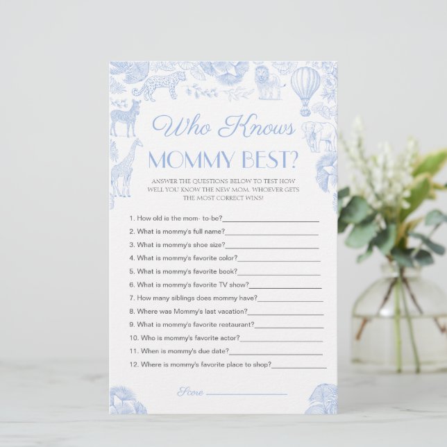 Papier Qui connaît maman meilleur Baby shower Game Card (Debout devant)