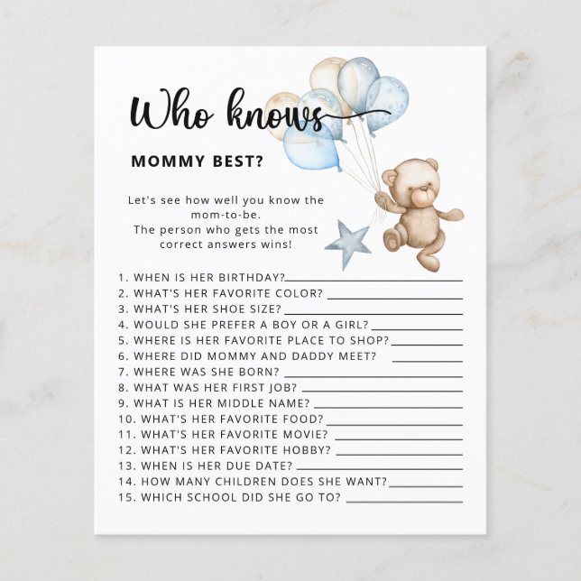 Papier Qui connaît maman meilleur baby shower jeu (Devant)