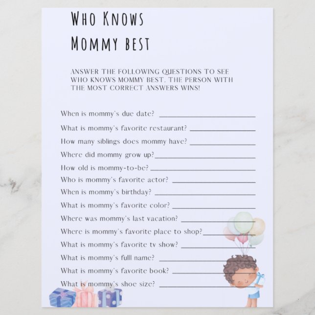Papier Qui connaît maman meilleur Baby shower jeu (Devant)