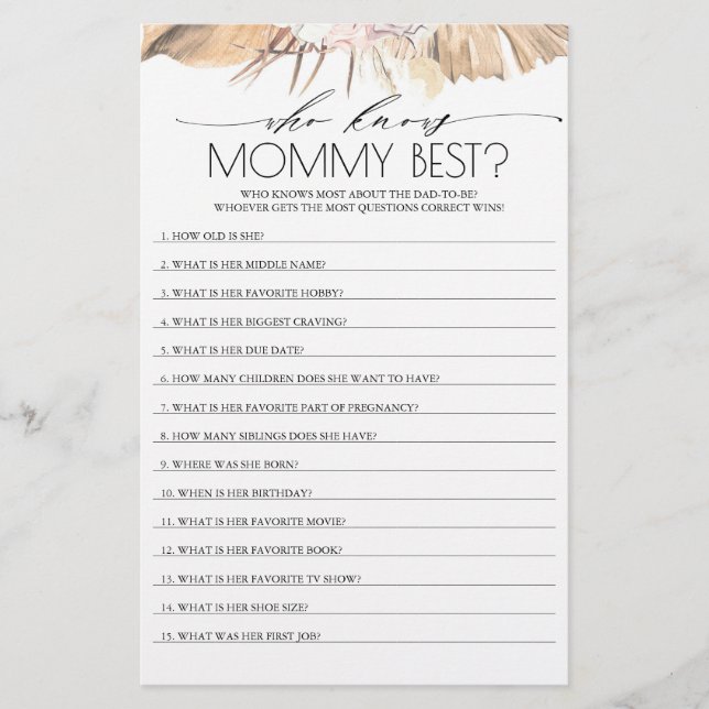 Papier Qui connaît maman meilleur Baby shower jeu (Devant)