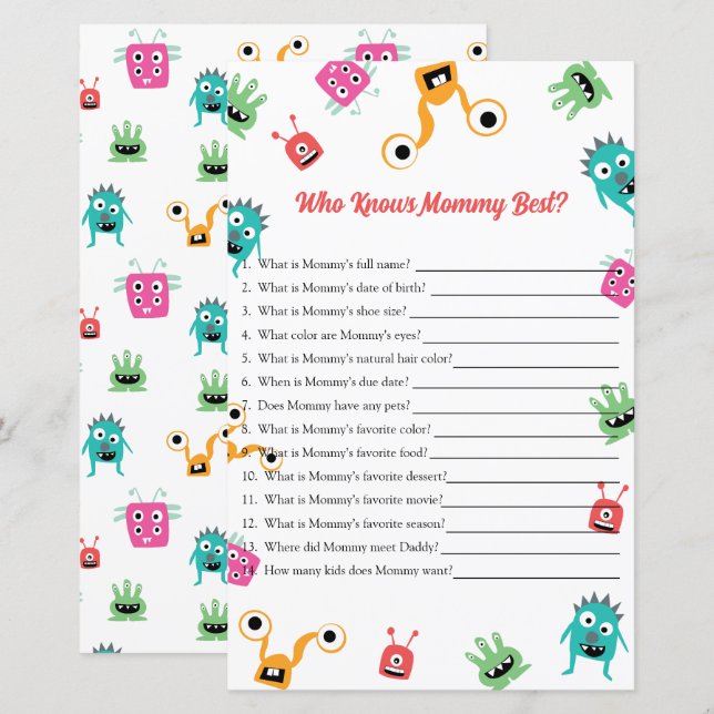 Papier Qui Connaît Maman Meilleur Baby shower Monster Jeu (Devant / Derrière)
