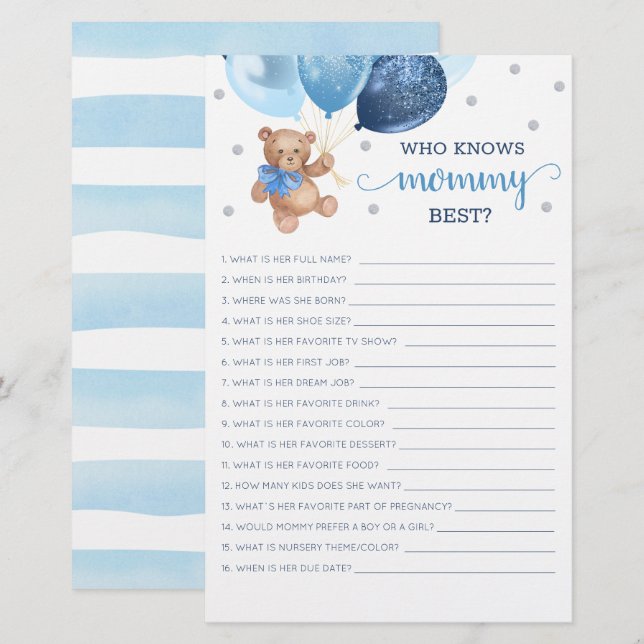 Papier Qui connaît maman meilleur jeu Baby shower Teddy B (Devant / Derrière)