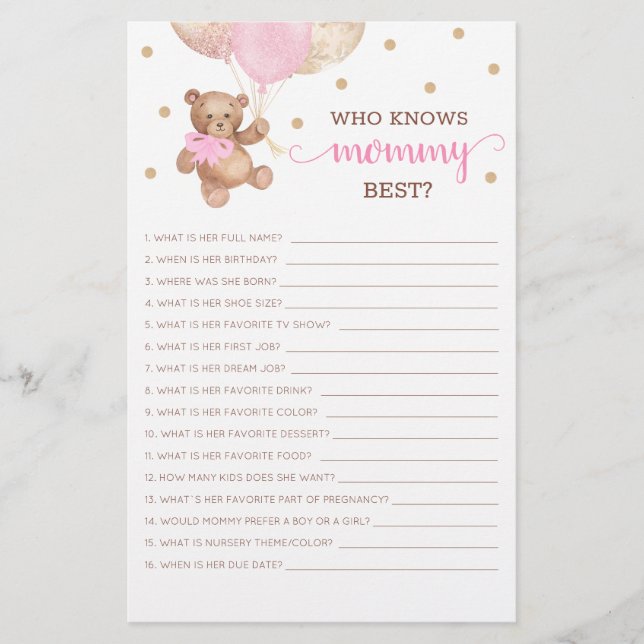 Papier Qui connaît maman meilleur jeu Baby shower Teddy B (Devant)
