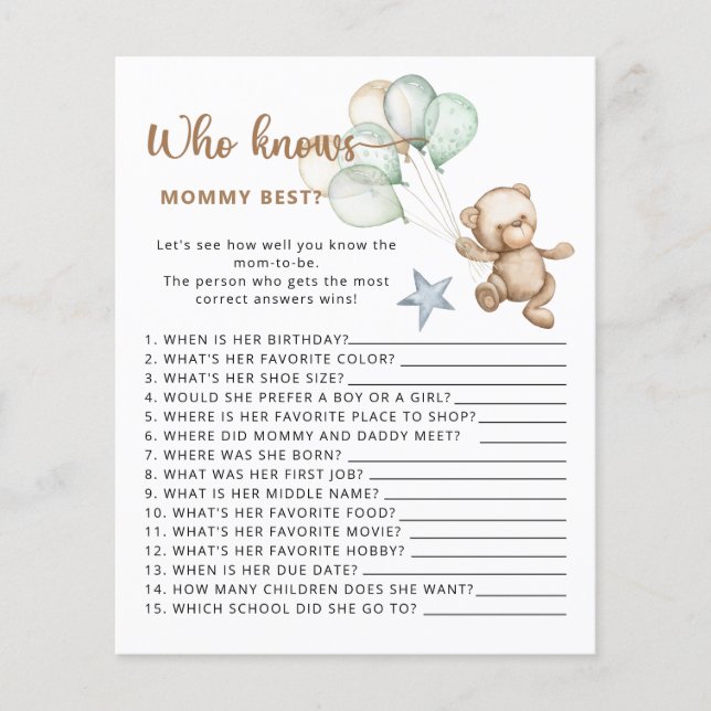 Papier Qui connaît maman mon meilleur jeu de baby shower. (Devant)