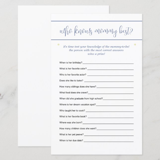 Papier Qui Connaît Mommy Meilleur Jeu De Devis Stars Blue (Devant / Derrière)