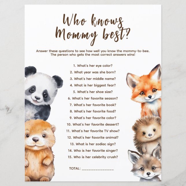 Papier Qui connaît Mommy Woodland Animaux Baby shower Jeu (Devant)