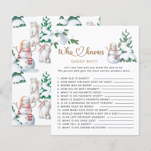 Papier Qui connaît papa meilleur baby shower d'hiver jeu (Devant / Derrière)