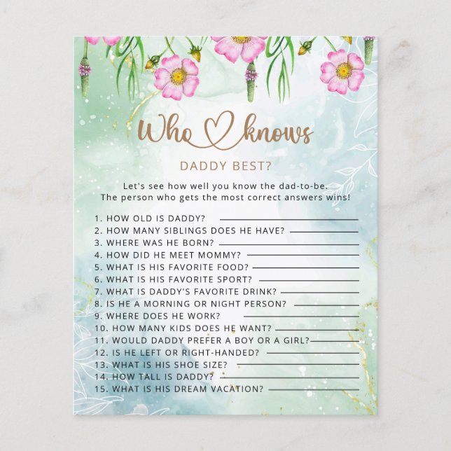 Papier Qui connaît papa meilleur baby shower fleur sauvag (Devant)