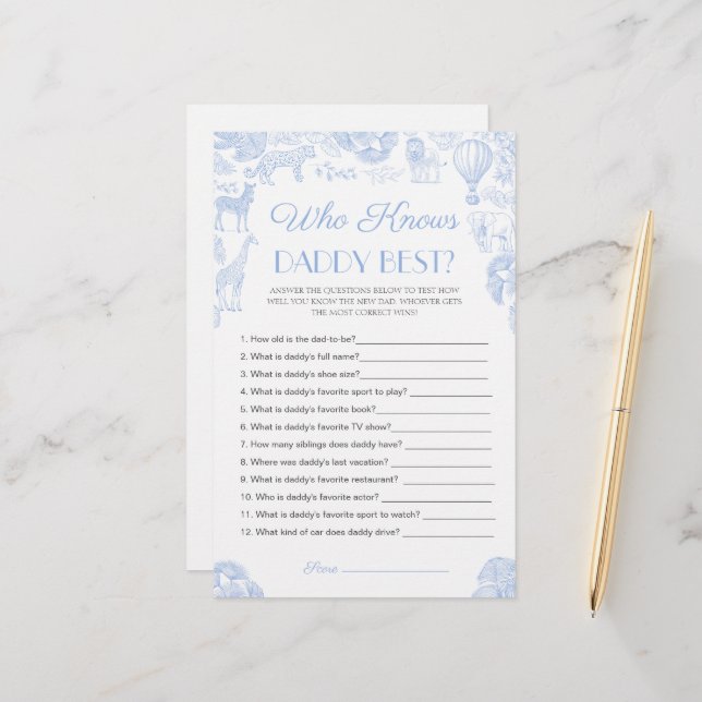 Papier Qui connaît papa meilleur Baby shower Game Card (Devant/Arrière en situation)