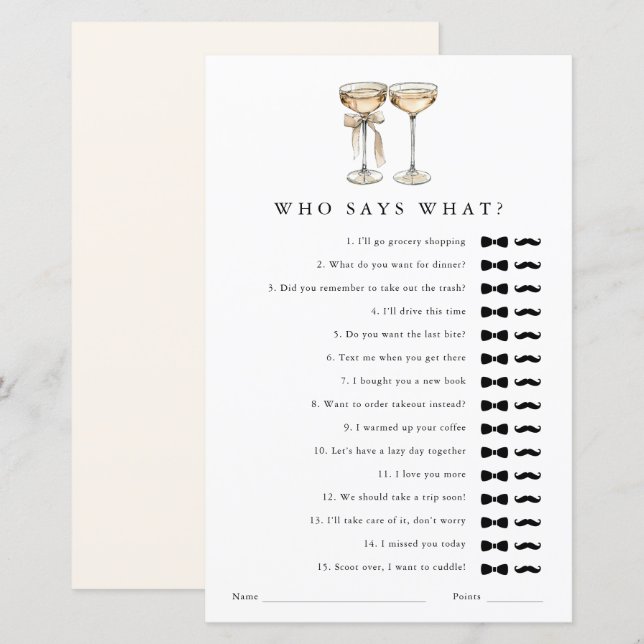 Papier Qui dit quoi Champagne Gay Wedding shower jeu (Devant / Derrière)
