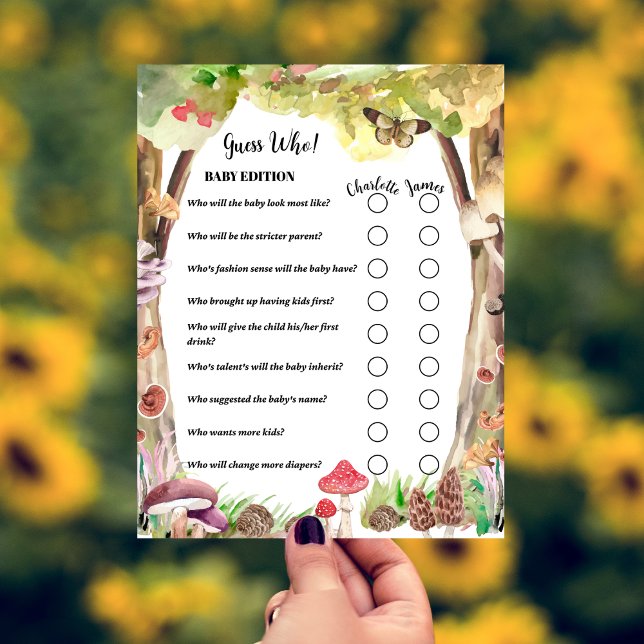 Papier Qui est-ce ? Baby shower Game Champagne Woodland (Créateur téléchargé)
