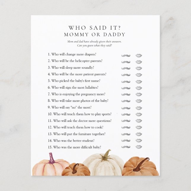 Papier Qui l'a dit maman ou papa Baby shower Citrouille (Devant)