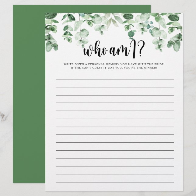 Papier Qui suis-je Eucalyptus Fête des mariées jeu (Devant / Derrière)